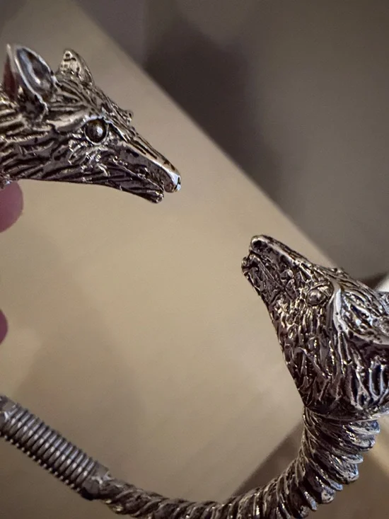 Landau Silver Tone Double Wolf Heads Cuff Bracelet - Picture 5 of 6